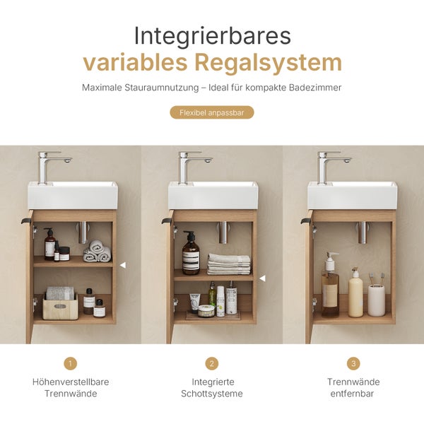 Integriertes variables Regalsystem für maximale Raumnutzung in kompakten Badezimmern, flexibel anpassbar.