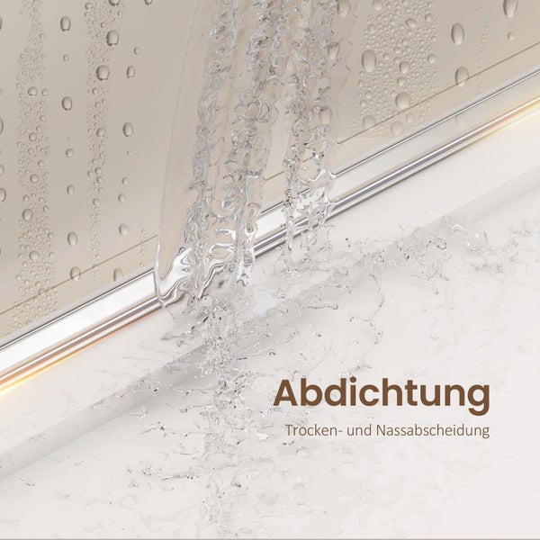 Abdichtung an einer Glaswand mit Wasserstrahl und Tropfen zur Illustration der Trocken- und Nassabscheidung.