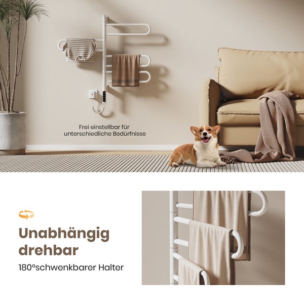 Freistehender, drehbarer Handtuchwärmer aus Metall mit Handtüchern und einem Hund in einem Wohnzimmer.