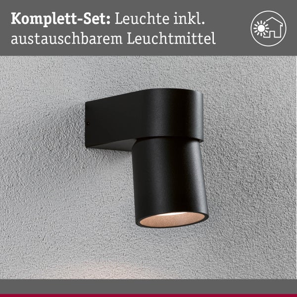 Komplettset schwarze Wandleuchte mit austauschbarem Leuchtmittel und Symbol für Aussenbereich