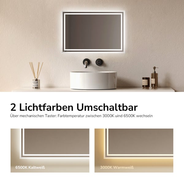 Rechteckiger Badezimmerspiegel mit LED-Beleuchtung, umschaltbar zwischen 3000 Kelvin warmweiß und 6500 Kelvin kaltweiß.