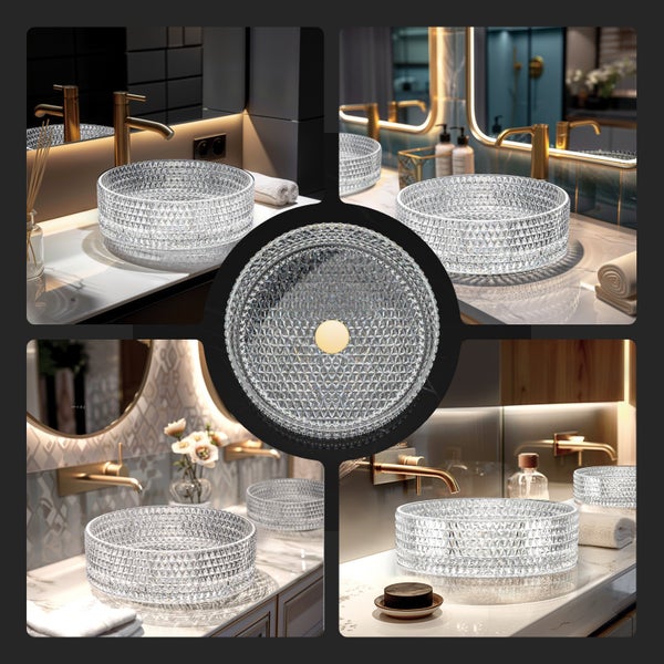 EMKE Aufsatzwaschbecken Ø 36 cm, Crystal Glass, Rundes Waschbecken, Transparent, Höhe 112 mm, Elektroplattiertes Design, Ohne Hahnloch, Modernes Badezimmer Waschtisch