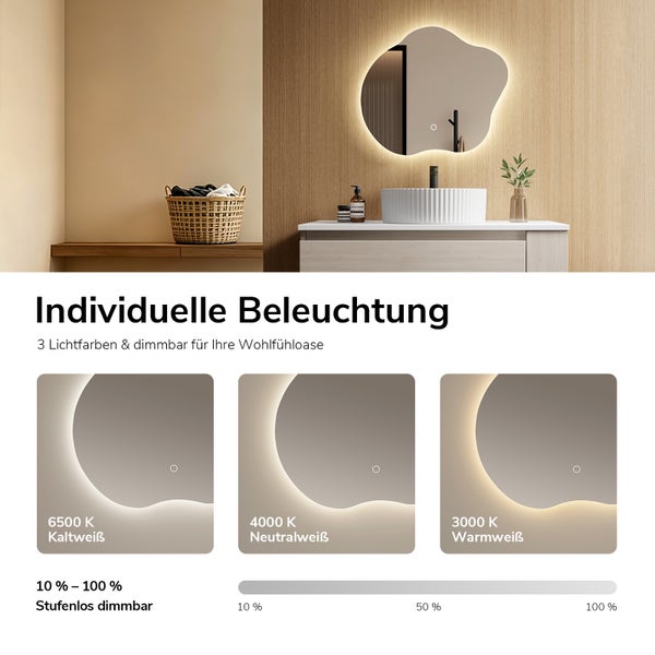 Organisch geformter Badezimmerspiegel mit LED-Beleuchtung, drei Lichtfarben von 3000 bis 6500 Kelvin und stufenlos dimmbar von 10 bis 100 Prozent.