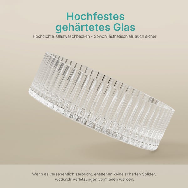 Klares Waschbecken aus gehärtetem Glas mit geripptem Design