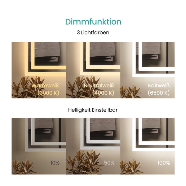 EMKE Badspiegel mit Beleuchtung 80 x 60 cm, Touch- & Sensorschalter, Anti-Beschlag, dimmbar, Warmweiß/Neutralweiß/Kaltweiß, 51 W, Aluminiumrahmen Weiß, flexibel montierbar, für Badezimmer