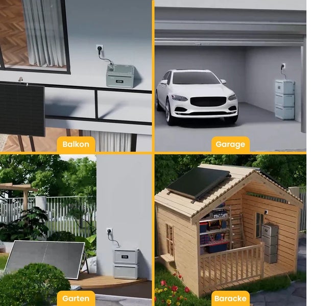 Anwendungsbeispiele für Solarspeicher an Balkon, Garage, Garten und Gartenhaus mit tragbaren Batterien und Solarmodulen.