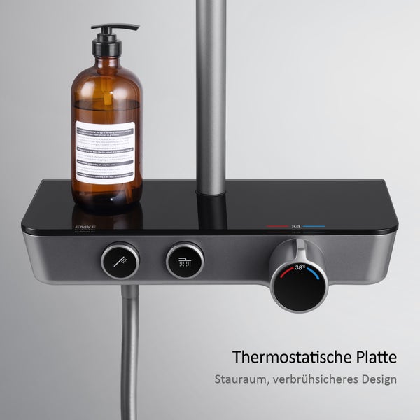 EMKE Duschsystem mit Thermostat, Handbrause mit 3 Strahlstärken, Wasserfall-Auslauf, Duschsäuleset Duschgarnitur mit glasablage, KTW Zertifizieren, Anthrazit Matt