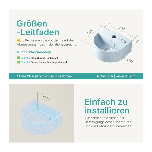 EMKE U-förmiges Handwaschbecken 303 x 255 mm, Keramik, Matt Hellgrau-Blau, Wandwaschbecken, mit Wasserhahnbohrung, für Badezimmer und Gäste-WC, Höhe: 12 cm