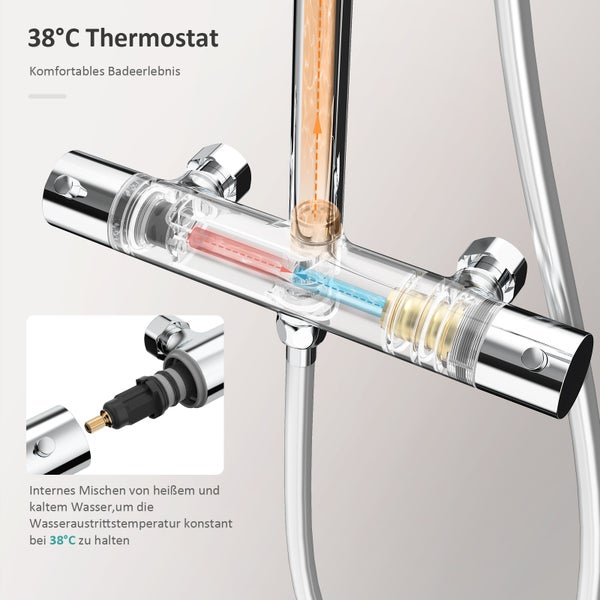 EMKE Duschsystem Duschset mit Theramostat Regendusche und 3 Strahlarten Handbrause,38℃ Thermostat Duschsäuleset Duschgarnitur, Freie Winkel- und Höhenverstellung