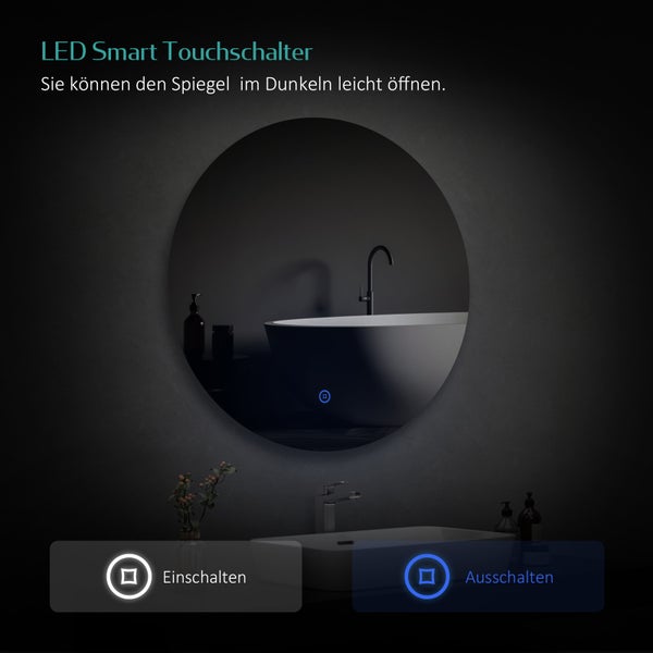EMKE Badspiegel mit Beleuchtung, LED-Spiegel mit Touchschalter, rund, ф50cm, Kaltweiß