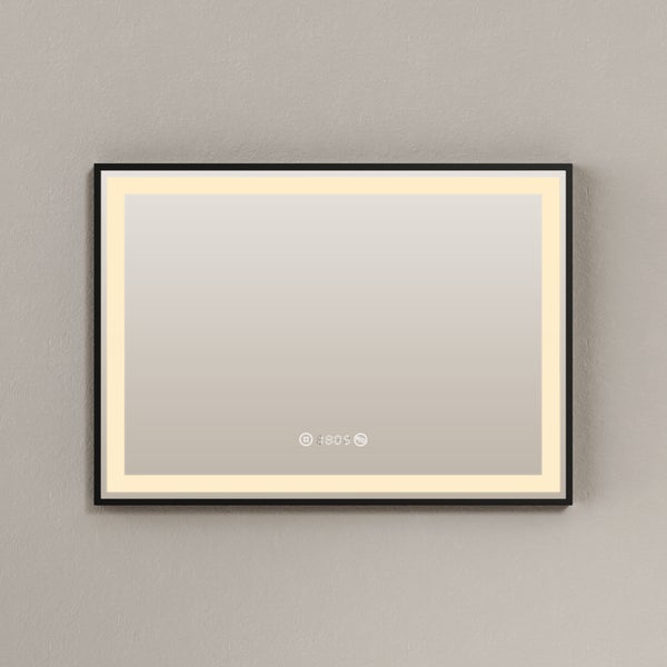 Rechteckiger Spiegel mit schwarzem Rahmen und integrierter Beleuchtung