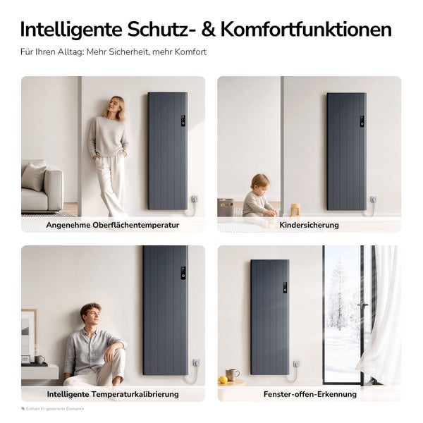 Vier Anwendungsbeispiele für einen intelligenten Elektroheizkörper mit Funktionen wie Kindersicherung, Temperaturkalibrierung und Fenstererkennung.