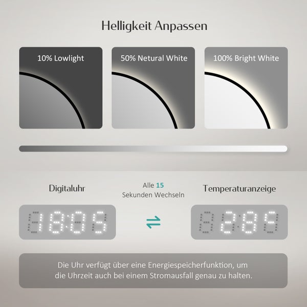 EMKE Badspiegel mit Beleuchtung ф70cm, runder LED-Spiegel mit Touchschalter und Uhr, Badspiegel mit schwarzen Rahmen, Neutralweiß