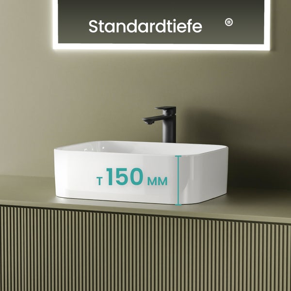 Aufsatzwaschbecken mit einer Tiefe von 150 Millimetern auf einem Waschtisch