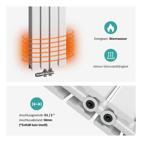 Detailansicht eines Heizkörpers mit Informationen zur Energieart, Wärmeleitfähigkeit, Anschlussgewinde und Anschlussabstand.