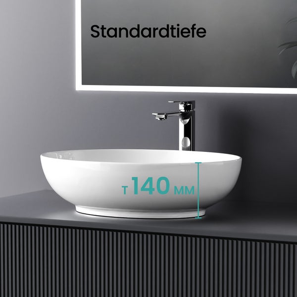 Aufsatzwaschbecken aus Keramik mit einer Tiefe von 140 Millimeter und Armatur