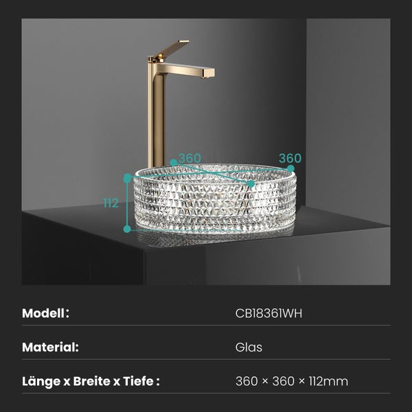 EMKE Aufsatzwaschbecken Ø 36 cm, Crystal Glass, Rundes Waschbecken, Transparent, Höhe 112 mm, Elektroplattiertes Design, Ohne Hahnloch, Modernes Badezimmer Waschtisch