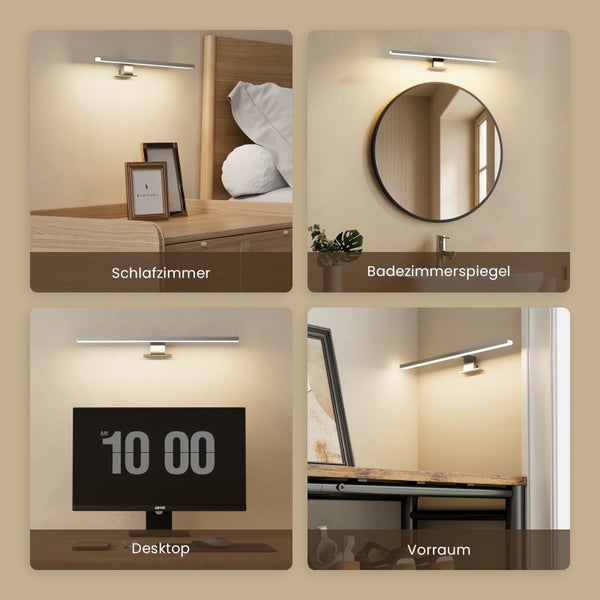 Mehrfachansicht einer silberfarbenen LED Wandleuchte in Schlafzimmer, Badezimmer, Büro und Vorraum