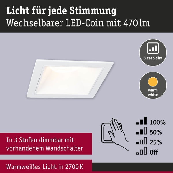 LED Einbauleuchte 3-Step-Dim Cole Coin 3er-Set IP44 eckig 88x88mm Coin 3x6W 3x470lm 230V dimmbar 2700K Weiß