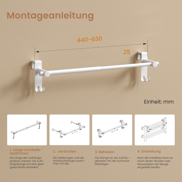 EMKE Teleskop-Handtuchhalter, Verstellbar 440–630 mm,Weiß, Edelstahl, mit Haken, für Heizkörper & Bad
