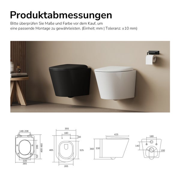 Produktabbildung eines schwarzen und eines weißen Wand-WCs mit zugehörigen Maßangaben