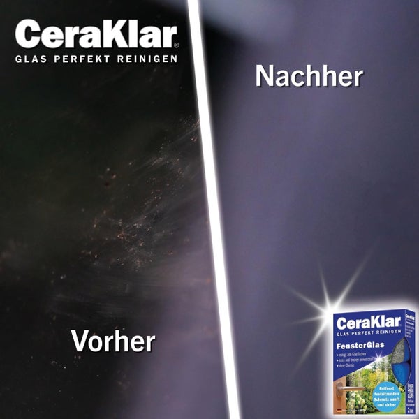 Vorher-Nachher-Vergleich einer Glasreinigung mit CeraKlar Fensterglas-Reiniger: links verschmutztes Glas, rechts sauberes und streifenfreies Glas.