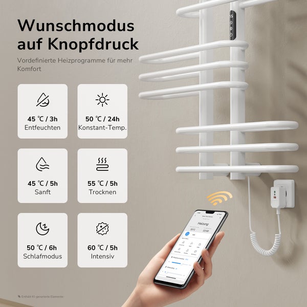 Elektrischer Handtuchheizkörper mit App Steuerung und vordefinierten Heizprogrammen für verschiedene Temperaturen und Laufzeiten.