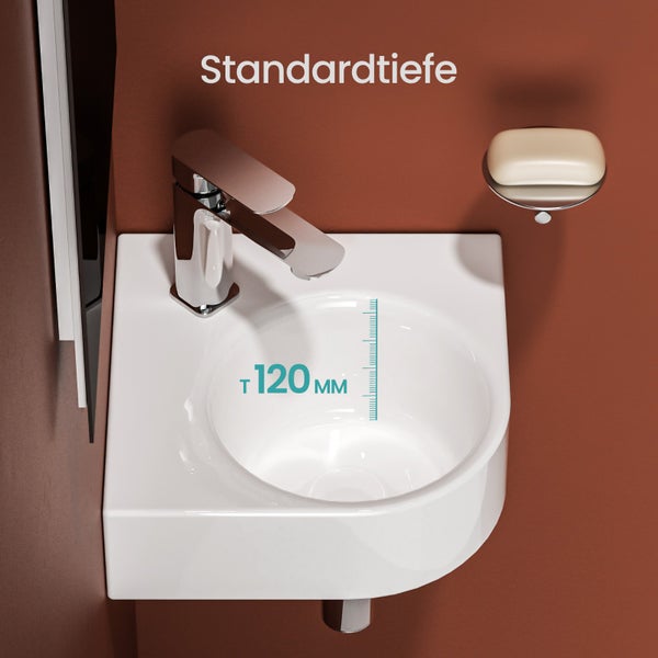 Keramikwaschbecken mit Armatur, Seifenschale und Tiefenangabe 120 Millimeter.