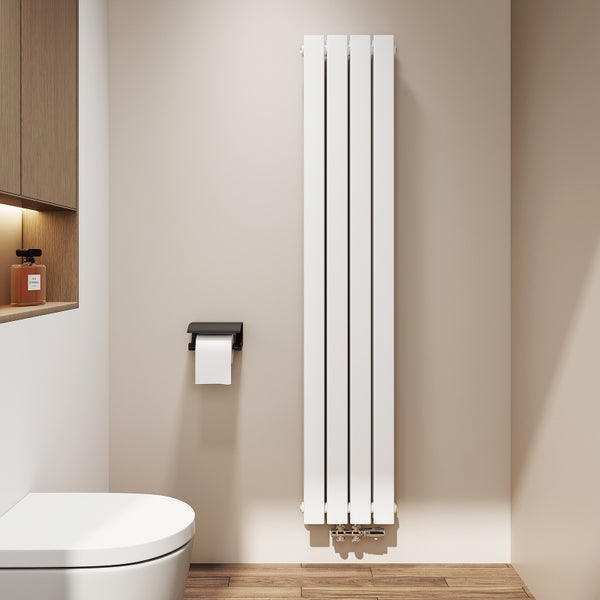 Badezimmer mit Toilette, Toilettepapierhalter und Heizkörper