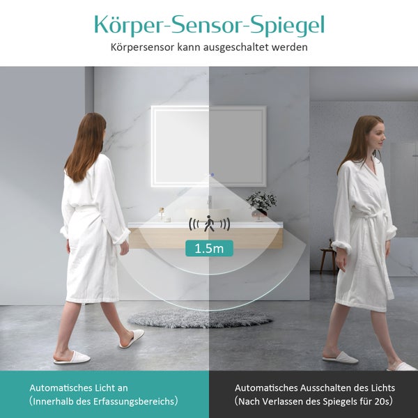 EMKE Badspiegel mit Beleuchtung 70 x 50 cm, Touch- & Sensorschalter, Anti-Beschlag, dimmbar, Warmweiß/Neutralweiß/Kaltweiß, 51 W, Aluminiumrahmen Weiß, flexibel montierbar, für Badezimmer