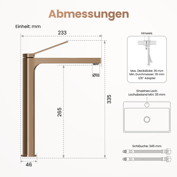Emke Einhebel-Waschtischarmatur, Badarmaturen, Waschbecken Armatur - Schweizer Design, Minimalistisches Design，3/8 Zoll, Wassersparend, Korrosionsschutz, Warm- & Kaltwasser, Bleifreies Messing, Pflegeleicht -Rosengold