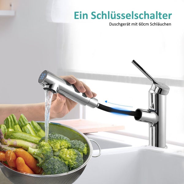 EMKE Küchenarmatur Wasserhahn – Edelstahl mit Temperaturanzeige, LED-Display, 60 cm Schlauch, Höhe 19,1 cm