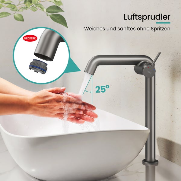 EMKE Einhebel-Waschtischarmatur, Badarmaturen, Waschbecken Armatur - Schweizer Design，G3/8, Wassersparend, Korrosionsschutz, Warm- & Kaltwasser, Bleifreies Messing,332x220x76mm,Anthrazit Matt