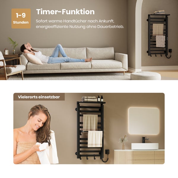 Elektrischer Handtuchwärmer mit Timer-Funktion in Badezimmer- und Wohnzimmerumgebung