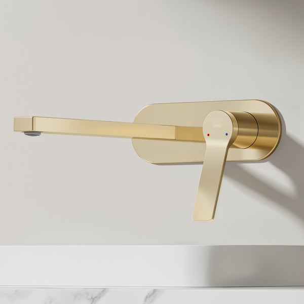 EMKE Waschtischarmatur Unterputz, Wasserhahn Bad Unterputz, 2-Loch Armatur aus Kupfer, Einhebelmischer zur Wandmontage, 288×210×70 mm, Champagne Gold, für Badezimmer Waschbecken