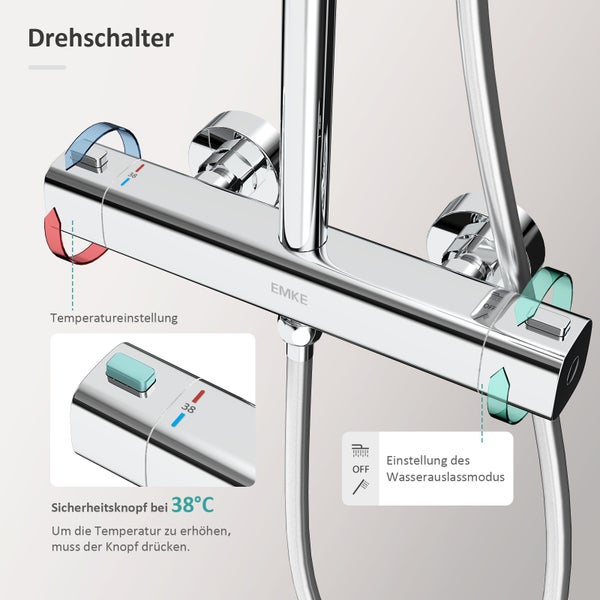 EMKE Thermostat-Duschsystem mit Brausegarnitur, Umsteller, Regendusche Ø 30 cm, Handbrause mit 3 Strahlarten, verchromt