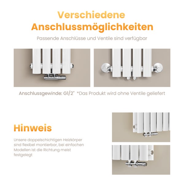 Infografik zu Anschlussmöglichkeiten von Heizkörpern mit G einhalb Zoll Gewinde und Hinweis zur Montage von doppelschichtigen Heizkörpern.
