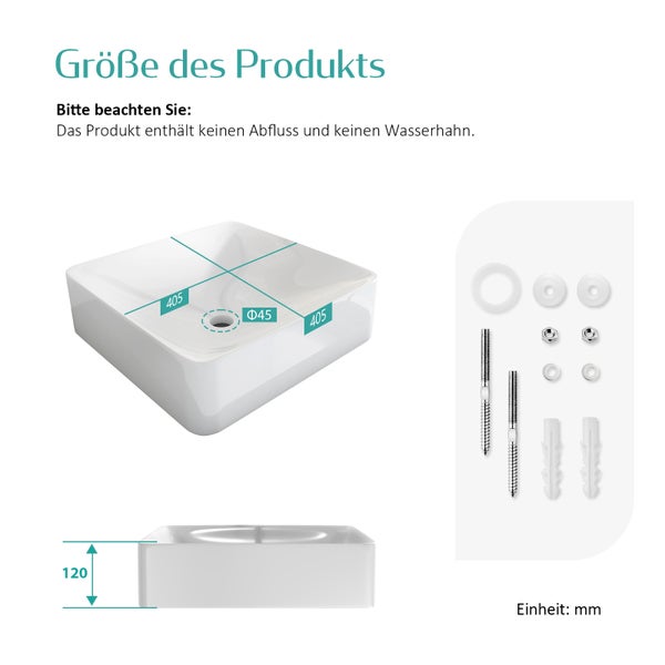 EMKE Aufsatzwaschbecken Keramik 405 × 405 mm, Quadratisch, glänzend Weiß, ohne Hahnloch, R-Ecken-Design, Höhe 120 mm, modernes Waschbecken für Badezimmer
