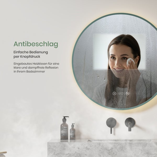 EMKE Badezimmerspiegel mit Beleuchtung Ø 60 cm, 4300K Neutralweiß, mit Touchschalter, LED-Uhr- und Temperaturanzeige,  Anti-Beschlag, elegantem grünem Rahmen, Wandspiegel für das Badezimmer