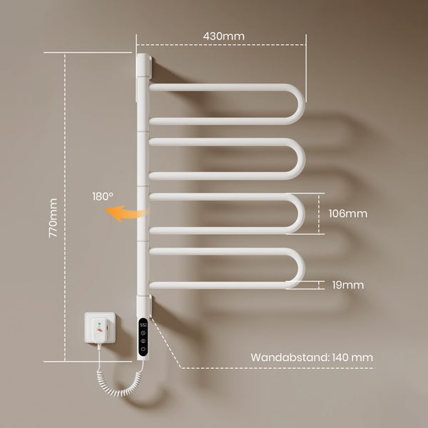 Handtuchwärmer mit Abmessungen: 770 mm Höhe, 430 mm Breite, 106 mm Tiefe und 140 mm Wandabstand