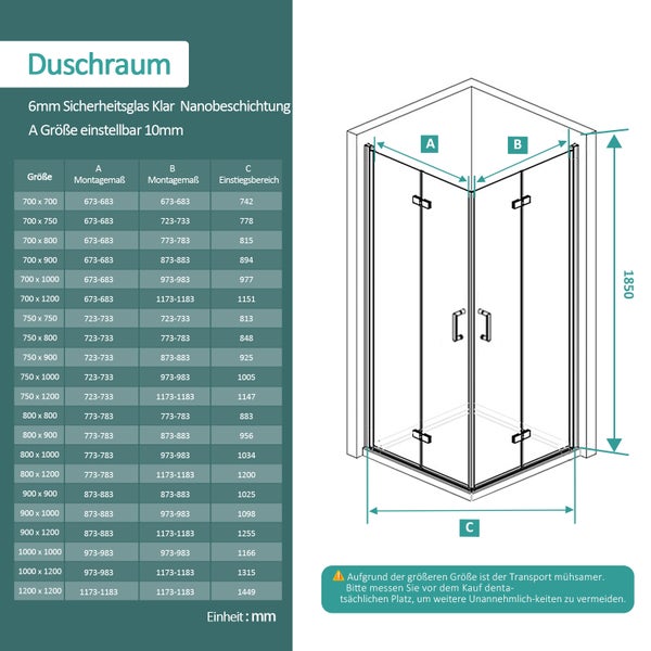 EMKE Eckdusche Duschkabine Eckeinstieg höhe 195cm Duschwand, BxT: 75x80 cm, Duschabtrennung 6mm ESG Nano Glas Hebe-Senk Mechanismus Falttür Chrom