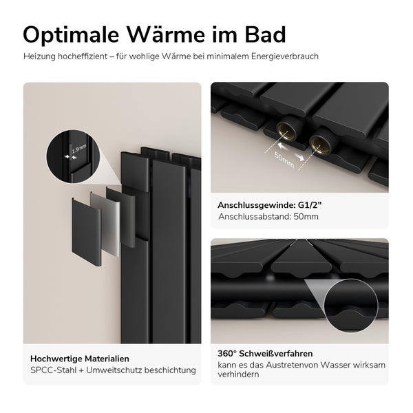 Details eines Badheizkörpers aus Stahl mit Umweltbeschichtung, Anschlussgewinde G1/2 Zoll und 50 Millimeter Anschlussabstand