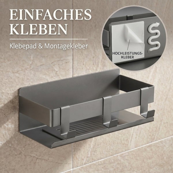 Duschablage zur Klebemontage mit Klebepad und Montagekleber fuer die Wandmontage im Badezimmer.