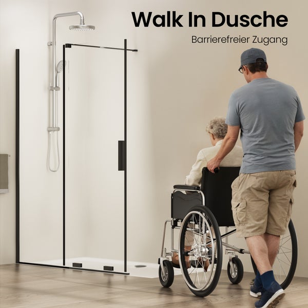 EMKE Walk-In Dusche 120x195 cm, ESG-Sicherheitsglas 8 mm, Nano-Beschichtung, schwarzer Rahmen, Ecklösung für Bad