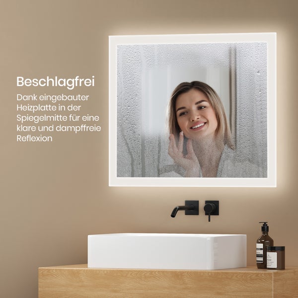 EMKE Badspiegel mit Beleuchtung 50 x 60 cm, LED-Spiegel mit Kippschalter, Anti-Beschlag, Kaltweiß/Warmweiß, Mattierter Rand