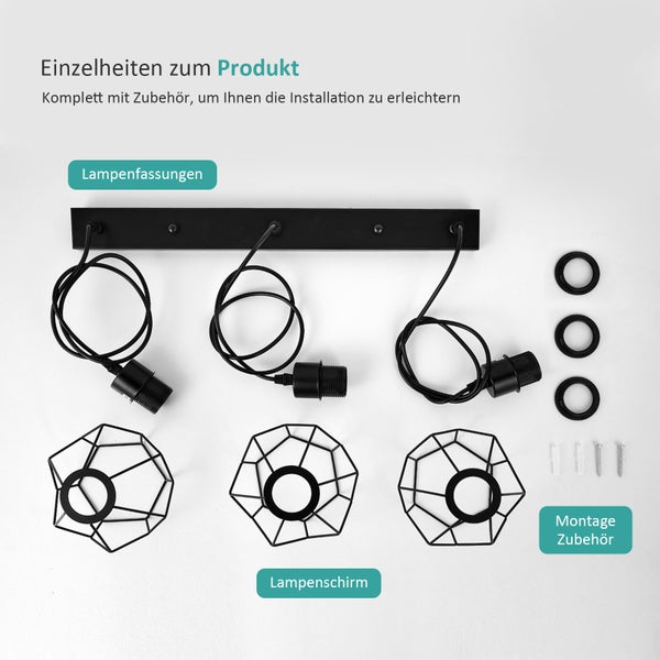 EMKE Retro Pendelleuchte Industrial 3-flammig, Metall Deckenlampe mit geometrischem Design, höhenverstellbar, E27 Fassung (ohne Leuchtmittel), ideal für Wohnzimmer