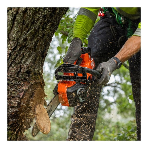 Eine Person arbeitet mit einer Kettensäge an einem Baum.