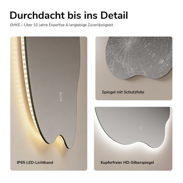 Produktmerkmale des EMKE Badezimmerspiegels mit LED Beleuchtung, Schutzfolie und kupferfreiem HD Silberspiegel.