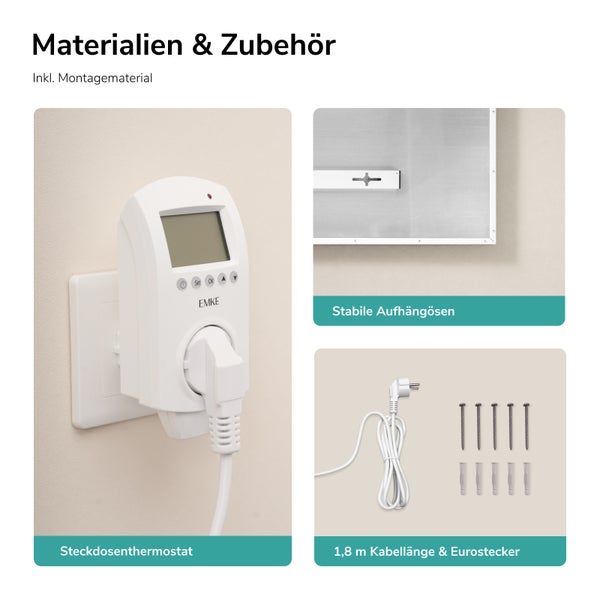 Lieferumfang inklusive Steckdosenthermostat, stabilen Aufhängungen, 1,8 Meter langem Kabel mit Eurostecker und Montagematerial für Heizpaneele.