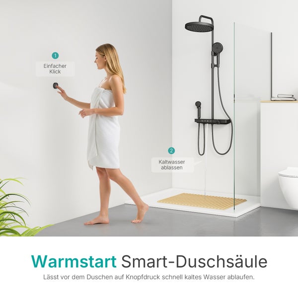 EMKE Duschsystem Thermostat, 4 Auslässe mit Rainfall-Kopfbrause, Handbrause & Kinderbrause, Wannenauslauf, digitales Display, Vorlauf-Funktion, Ablage & Entchlorung, Schwarz